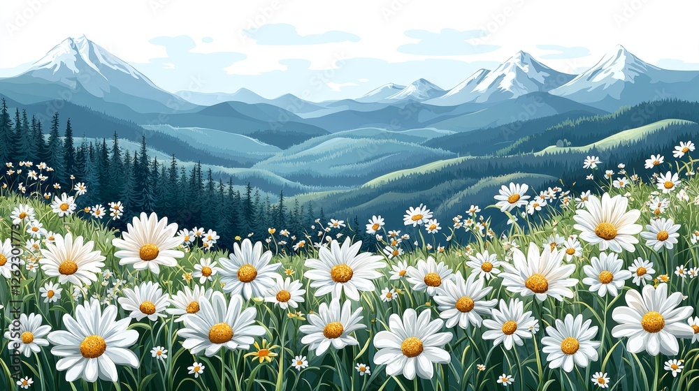 Fototapeta premium A charming 3D cartoon depicting a spring meadow bursting with lovely pink flowers set against a natural 3D background