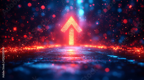 Glowing Upward Arrow in a Vibrant Neon displayed against a dark backdrop filled with swirling, cyberpunk style colorful particles, Business growth Success Concept 
