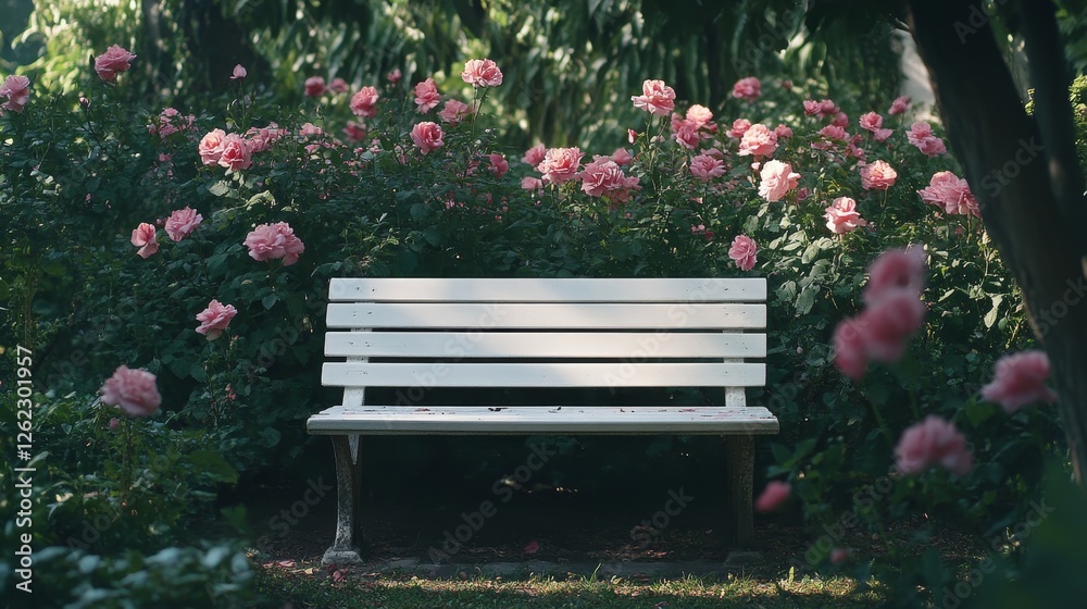 A white bench sits in a garden with pink flowers in the background. The bench is empty and surrounded by greenery A white bench sits in a garden with pink flowers in the background. The bench is empty and surrounded by greenery