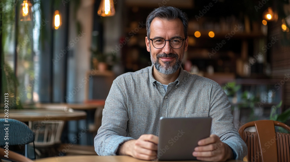 Engaging Portrait of a Professional Businessman in a Modern Café Setting with a Tablet Engaging Portrait of a Professional Businessman in a Modern Café Setting with a Tablet