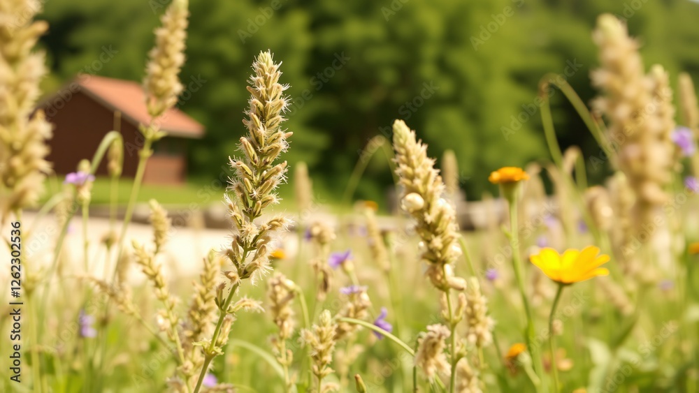 Summer Meadow with Wildflowers and Rustic Cabin in Background Summer Meadow with Wildflowers and Rustic Cabin in Background