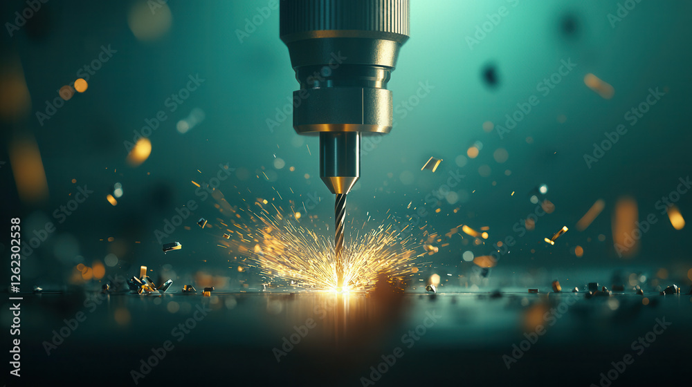 Obraz premium Crisp close up of high speed steel milling, showcasing sparks and metal shavings. dynamic scene captures precision and energy of machining