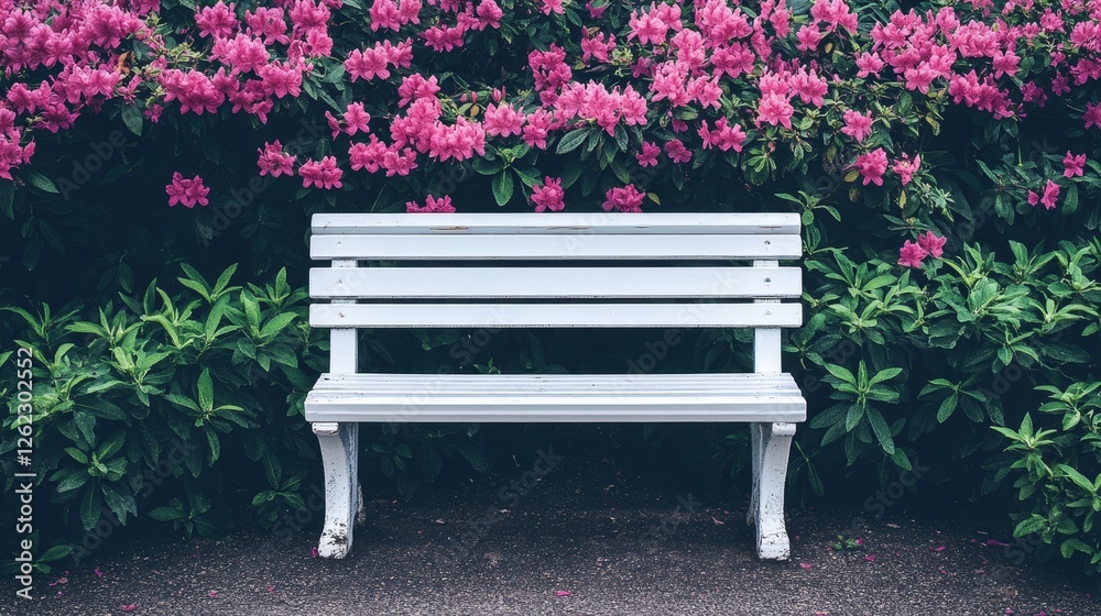 A white bench sits in a garden with pink flowers in the background. The bench is empty and surrounded by greenery A white bench sits in a garden with pink flowers in the background. The bench is empty and surrounded by greenery