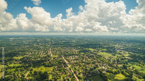 An aerial drone view over Glen Cove, Long Island, showcases the suburb's green neighborhoods, key roads, and business areas, all thriving beneath a bright blue sky, a perfect exemplar of suburban