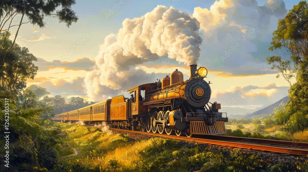 Obraz premium A vintage steam train crossing a picturesque countryside, steam billowing, under a clear sky, surrounded by lush greenery,