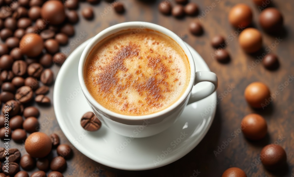 Cup of coffee surrounded by beans and sweets Cup of coffee surrounded by beans and sweets
