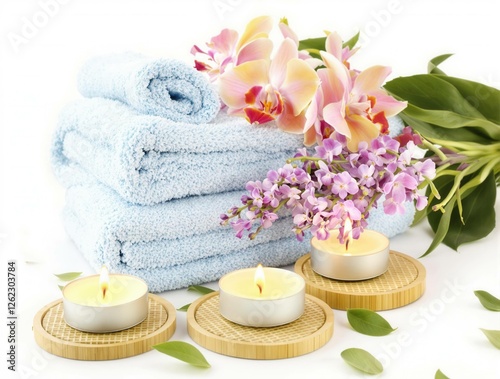 Three candles are on a wooden tray with flowers