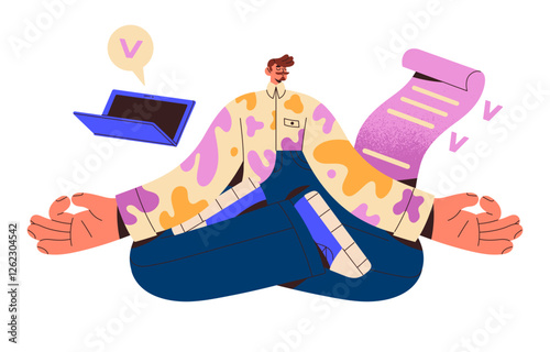 Man completes work, meets deadline with self discipline. Calm employee with done tasks, goals relaxes in yoga pose. Concept of success time management, planning. Flat isolated vector illustration