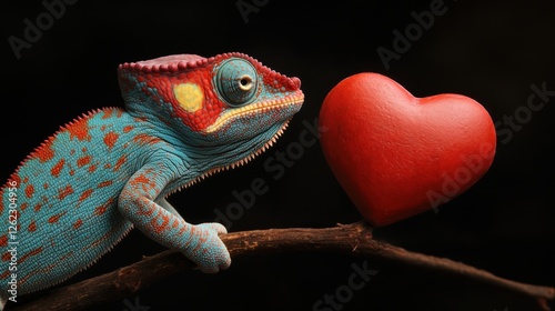 A chameleon changing colors to match a heart-shaped object.
