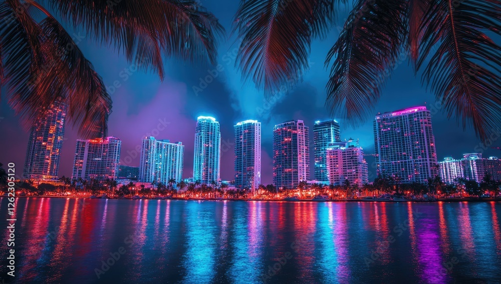 Obraz premium Miami skyline at night, neon lights reflecting on water, palm trees