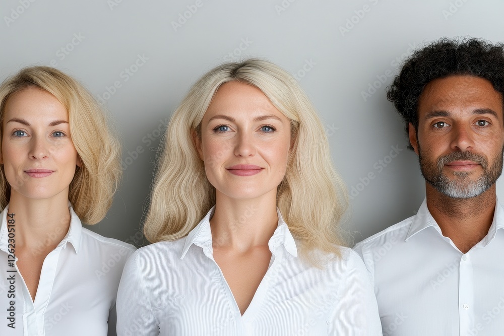 Portrait of Diverse Colleagues in White Shirts Against Gray Background Portrait of Diverse Colleagues in White Shirts Against Gray Background