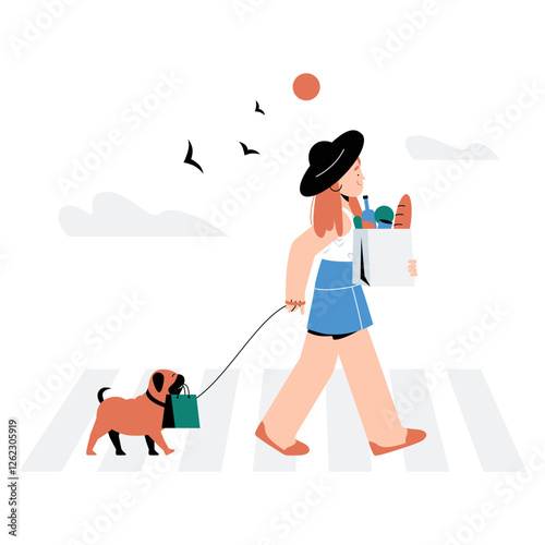 Female Character Walking Dog While Carrying Grocery Bag In Flat Vector Illustration Symbolizing Healthy Lifestyle, Pet Care, And Daily Errands, Isolated On White Background