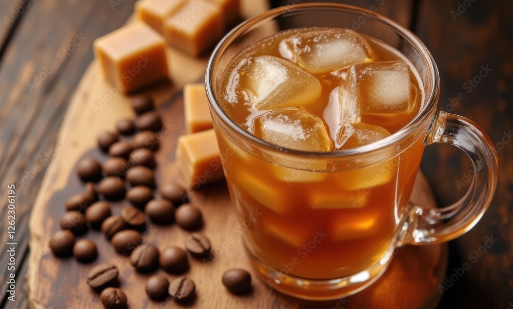 Refreshing iced coffee with caramel cubes Refreshing iced coffee with caramel cubes
