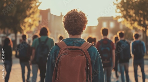 Student walking, sunset, city, crowd, education