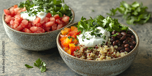 A clean arrangement of cooked quinoa, black beans, and Greek yogurt in individual bowls. photo
