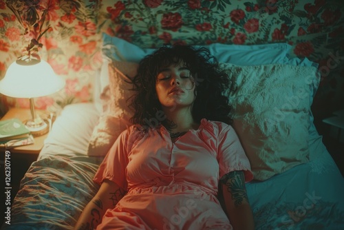 The portrait shows a young woman in a pink dress lounging elegantly on a bed
