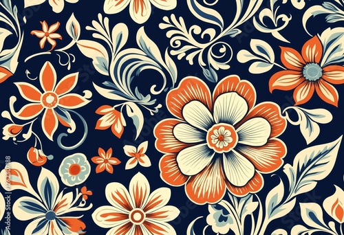 Wallpaper Mural Seamless pattern with stylized ornamental flowers in retro, vintage style. Illustration on navy blue background Torontodigital.ca
