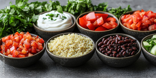 A clean arrangement of cooked quinoa, black beans, and Greek yogurt in individual bowls. photo