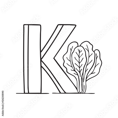 An illustration of kale beside letter K