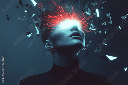 Futuristic portrait of a person with glowing features and exploding fragments in a dark space