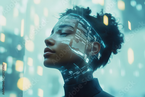 Futuristic portrait of a person with digital elements and holographic displays in a high-tech environment