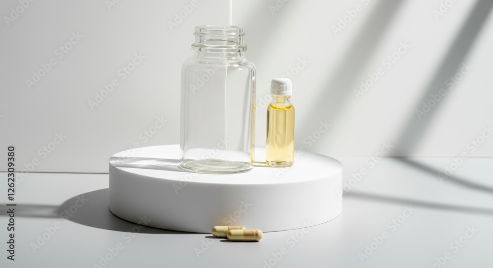 Minimalist skincare bottles and capsules in soft sunlight on white podium Minimalist skincare bottles and capsules in soft sunlight on white podium