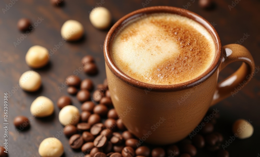 Coffee cup surrounded by coffee beans Coffee cup surrounded by coffee beans