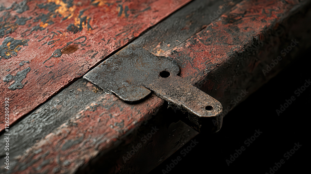 Rusty metal hinge on weathered wooden surface, showcasing texture and age