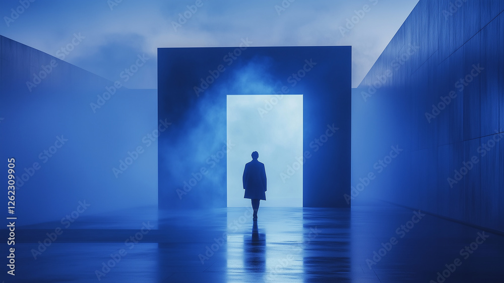 Obraz premium solitary figure walks through glowing blue doorway, surrounded by mist, creating mysterious and ethereal atmosphere