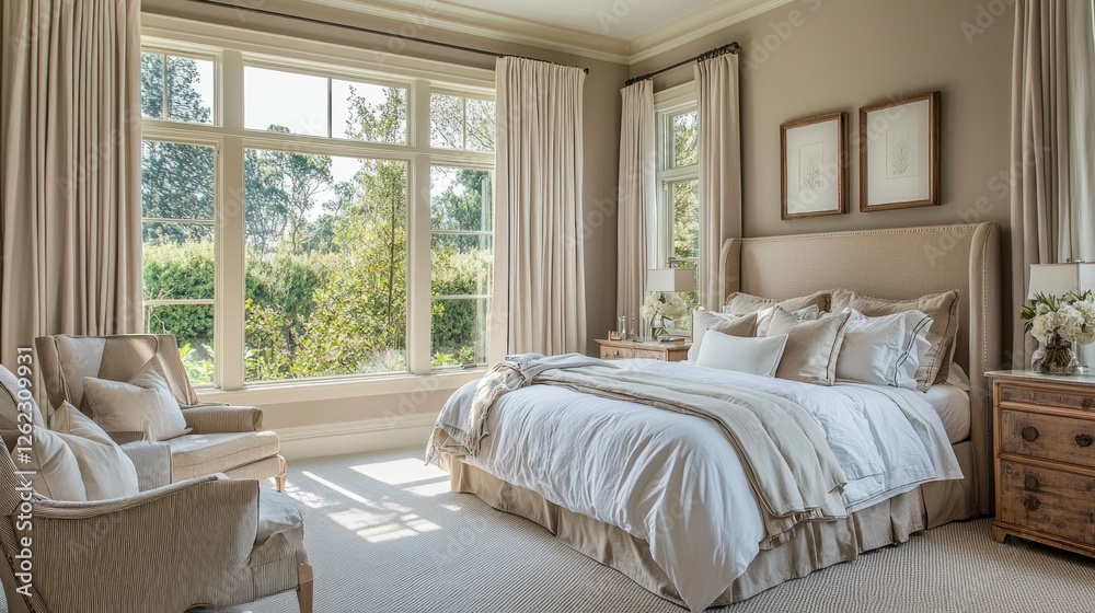 Fototapeta premium Serene Bedroom with Garden View
