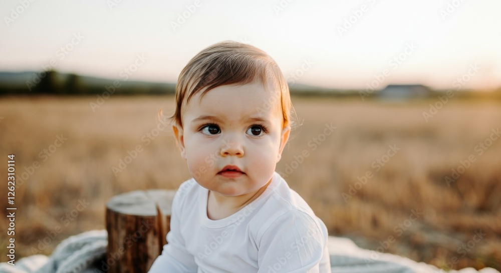 Caucasian toddler in white shirt outdoors during golden hour Caucasian toddler in white shirt outdoors during golden hour