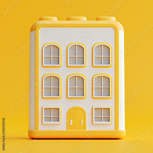 Cute yellow and white building graphic design, 3D render, studio shot, solid background photo