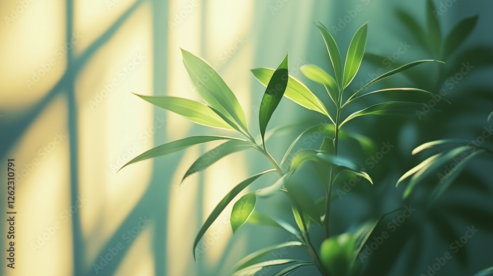 Fototapeta premium close up of green leaves illuminated by soft sunlight, creating serene atmosphere. interplay of light and shadows enhances natural beauty of plant