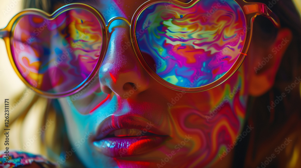 A close-up of a person wearing oversized, heart-shaped sunglasses, with the lenses reflecting a psychedelic world of swirling colors, symbolizing freedom, creativity, and vibrant energy. A close-up of a person wearing oversized, heart-shaped sunglasses, with the lenses reflecting a psychedelic world of swirling colors, symbolizing freedom, creativity, and vibrant energy.