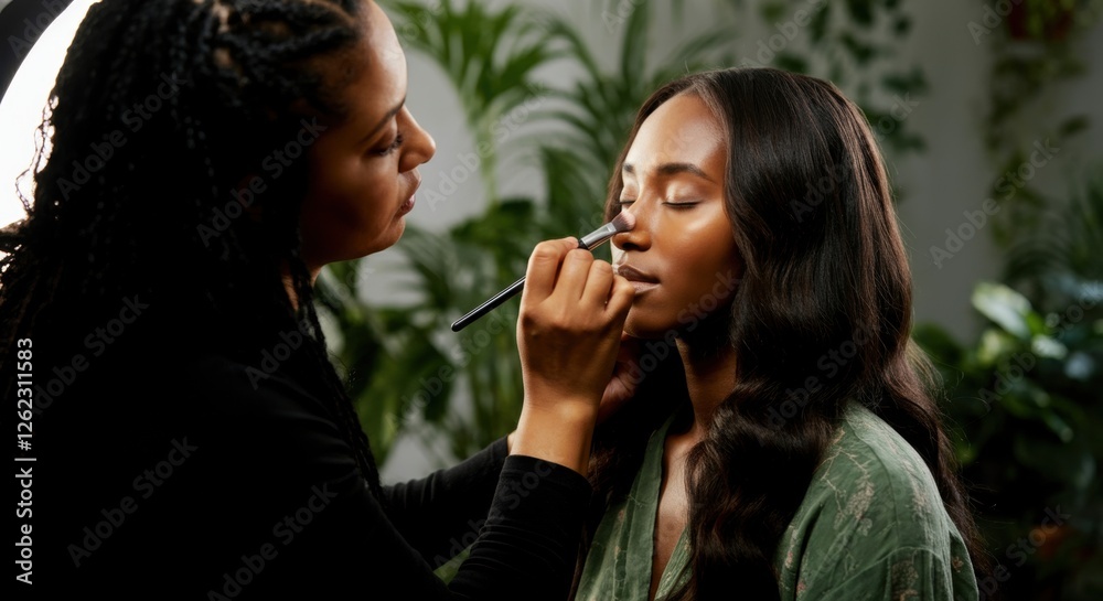 African female makeup artist applying makeup to young african female model with brush African female makeup artist applying makeup to young african female model with brush