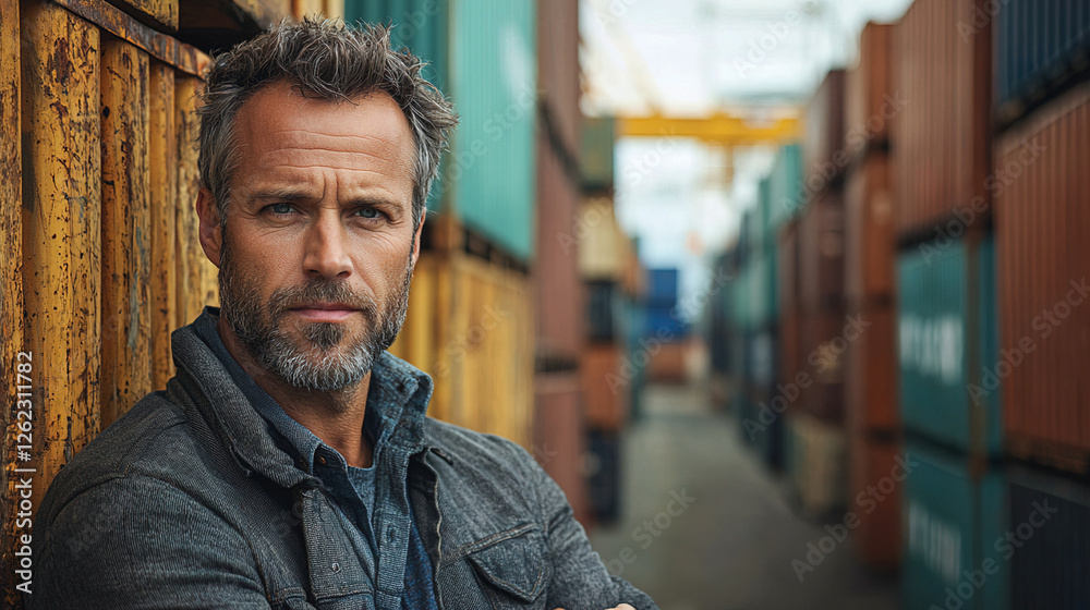 Fototapeta premium Man with beard posing confidently among shipping containers in a busy port during daytime hours. Generative AI