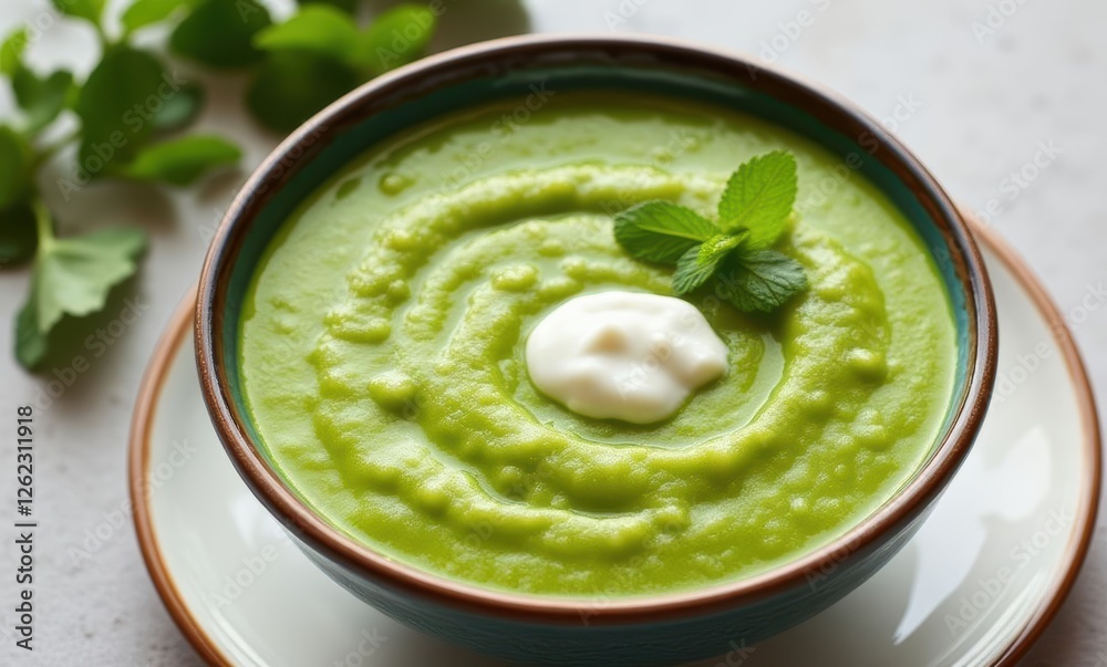 Delicious green soup with mint garnish Delicious green soup with mint garnish
