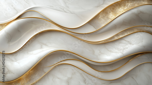 Elegant wavy patterns in white and gold create luxurious marble texture. smooth curves and shimmering accents evoke sense of sophistication and style