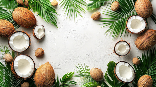 Wallpaper Mural Fresh coconuts and palm leaves arranged beautifully on a textured surface with a tropical vibe and natural elements. Generative AI Torontodigital.ca