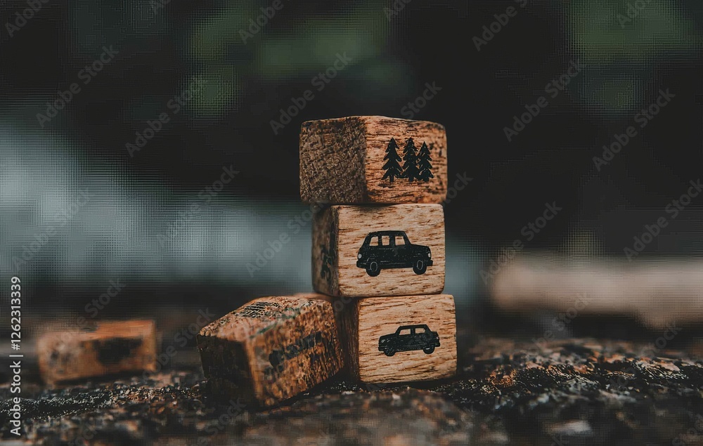 Arranging wood block stacking featuring icons of car, real estate and property, travel, finances, health, family and life, representing the concept of insurance. Organizing wood block stacking with Arranging wood block stacking featuring icons of car, real estate and property, travel, finances, health, family and life, representing the concept of insurance. Organizing wood block stacking with