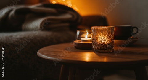 Cozy candlelit evening with warm blankets and soft lighting in a relaxing room atmosphere