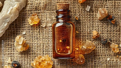 myrrh essential oil on burlap background. selective focus