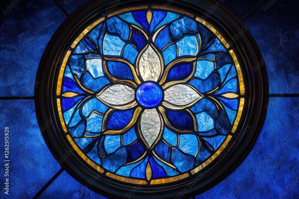 Obraz premium Round stained glass window features a flower with blue accents