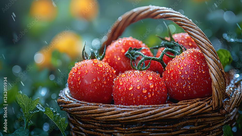 Fresh red tomatoes with water droplets in a woven basket on a garden floor surrounded by green foliage. Generative AI Fresh red tomatoes with water droplets in a woven basket on a garden floor surrounded by green foliage. Generative AI