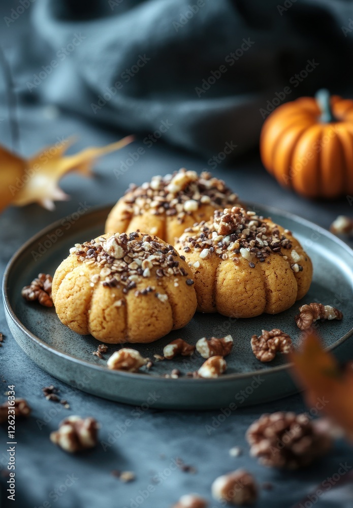 Delicious Autumn Treats on Plate with Warm Tones and Seasonal Decor, Featuring Pumpkin Flavors, Nuts, and Rustic Textures for Cozy Moments Delicious Autumn Treats on Plate with Warm Tones and Seasonal Decor, Featuring Pumpkin Flavors, Nuts, and Rustic Textures for Cozy Moments