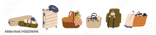 Travel baggage set. Hiking and camping backpack, wheeled luggage, trolley suitcase, picnic basket, beach bag. Different holiday packages. Flat vector illustration isolated on white background