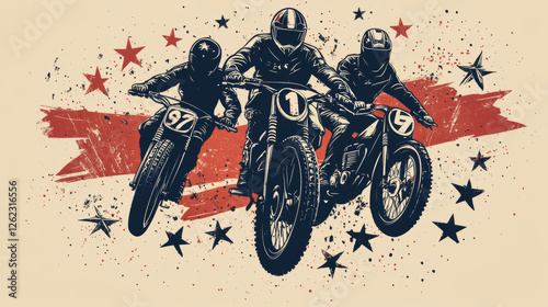 Motorcycle races club, motorbike speedway bike and motor sport riders vector icon. Motorcycle racing or speedway moto sport club emblem and races legends t-shirt print grunge with stars