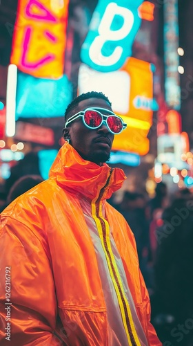 Un hombre con gafas llamativas y chaqueta naranja brilla en un entorno urbano iluminado por luces de neón. photo