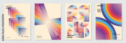 Collection of 70s color gradient poster background vector. Set of retro wall decoration, groovy, trippy, geometric shape. Vintage hippie wall art for interior, decorative, banner, cover, card.