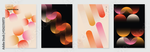 Collection of 70s color gradient poster background vector. Set of retro wall decoration, groovy, trippy, geometric shape. Vintage hippie wall art for interior, decorative, banner, cover, card.